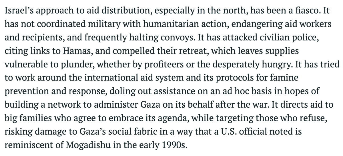 New @CrisisGroup report on famine in Gaza says Israeli aid distribution has been a fiasco and that Israel is trying to work around the international system in order to play favorites among big families who agree to its agenda. The strategy risks consequences similar to…