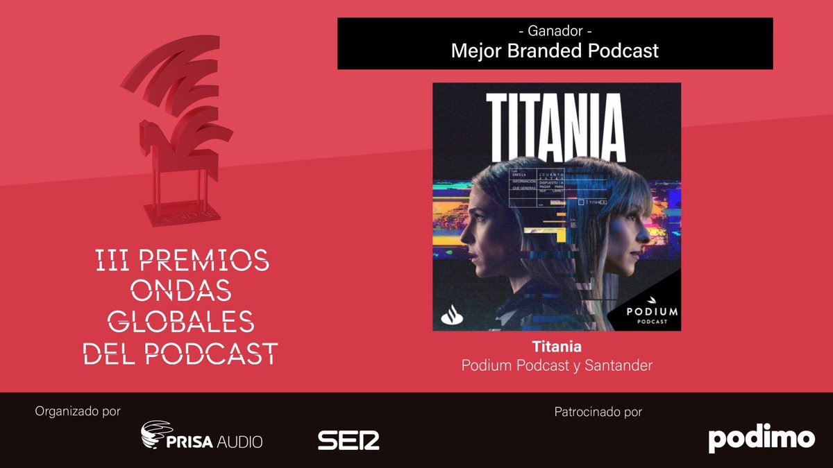 ¡Titania ha ganado un Ondas a mejor branded en los @Premios_Ondas del podcast! Sé que esto puede resultar un poco confuso porque ya ganó un Ondas (a mejor podcast) en los @Premios_Ondas (los que no son solo del podcast). En resumen: Titania, dos @Premios_Ondas. ✨¡GRACIAS!✨