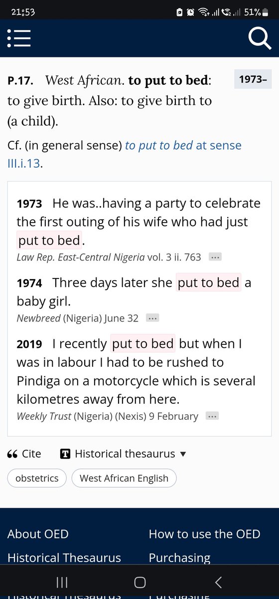 'put to bed' means 'give birth'. It's among the Nigerian English words added to the @OED in 2020 (a project I worked on): 
oed.com/dictionary/put…

I'm wondering where you got 'put to birth'.

More #NigerianEnglish words on their way.