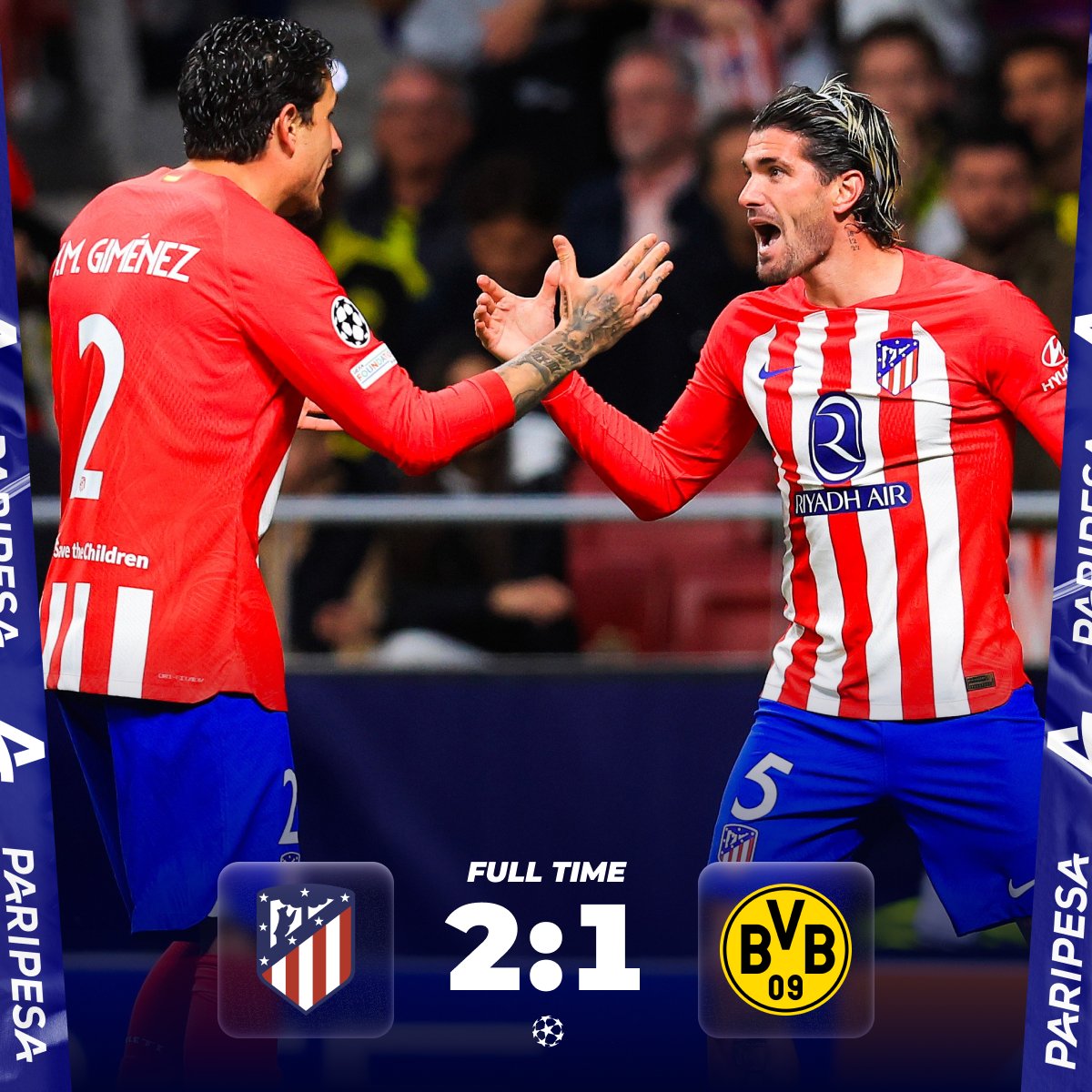 Atletico Madrid triumphs with a 2-1 victory over Borussia Dortmund! ⚽️💪

#atleticomadrid #borussiadortmund #football