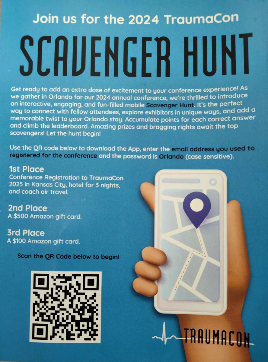 Join us in the Exhibit Hall and start your Scavenger Hunt Adventure to win big! #TraumaCon2024 #ScavengerHunt #TraumaNurses