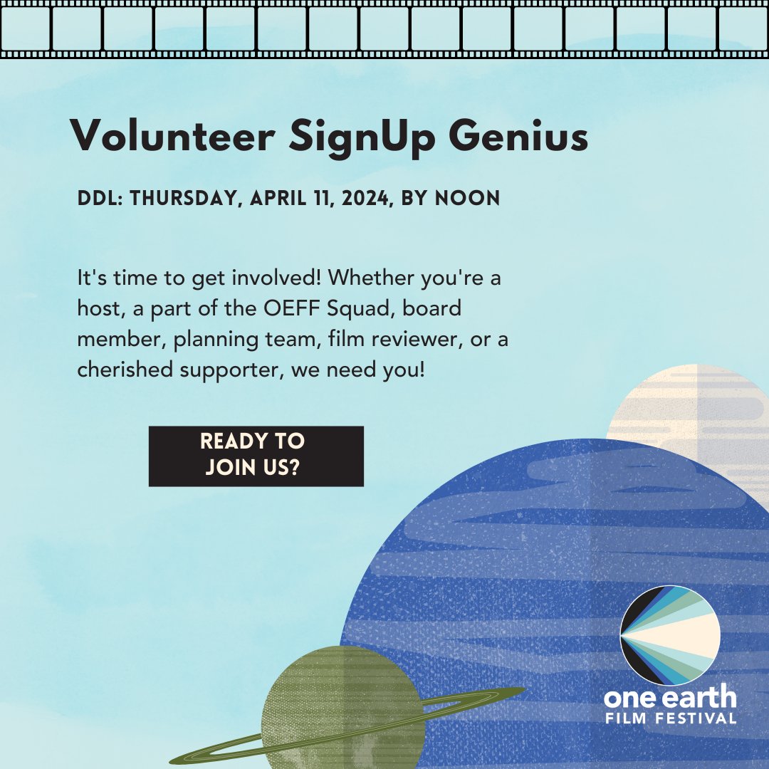 The One Earth Film Festival 2024 is on the horizon, and we're on the lookout for passionate volunteers to join our green brigade! 🌱💚 Sign up by April 11 at noon to secure your spot: signupgenius.com/go/30E094BAAAC…

#OEFF2024 #VolunteerWithUs #EnvironmentalImpact