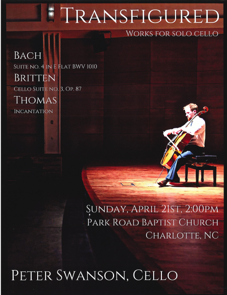 We support the arts! Do you?🎻🎶
Plan to attend this Sunday afternoon concert by Peter Swanson on April 21.
#ParkRoadBaptistCLT #Music #Cello #Bach #Britten #Thomas