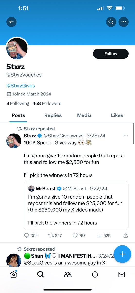 The “giveaway” account @tentacionfn, who was active with their fake giveaways before being suspended, is now back and going by @StxrzGiveaways. This person has multiple giveaway accounts, including @indicatorfn, @CryptoBoltx, and @StxrzVouches, but none of them are legitimate.