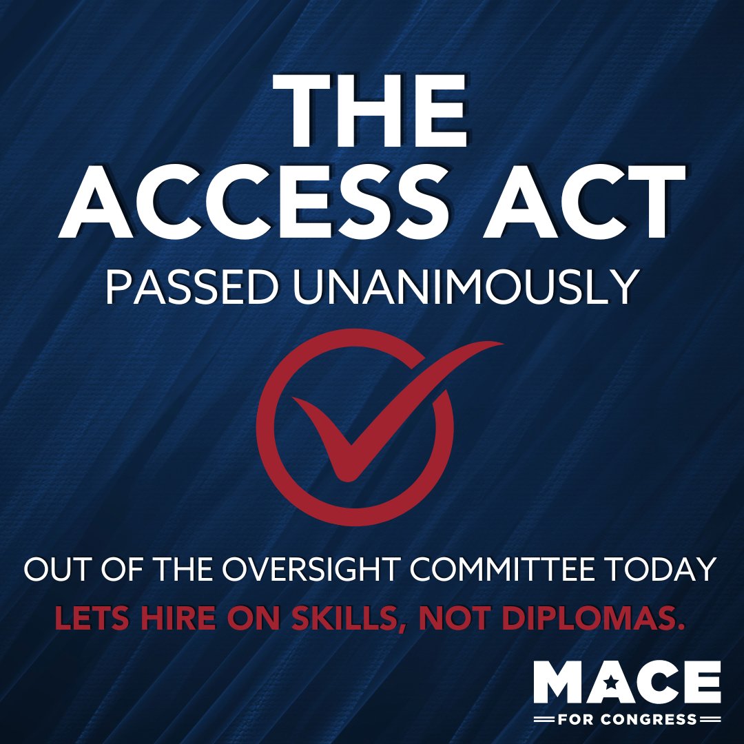 Our bill, The ACCESS Act, passed unanimously out of the Oversight committee today. This bill would open up federal contractors to hire qualified workers without a college degree. Let's hire for skills over diplomas, and stop painting 4 year degrees as the only path to success.