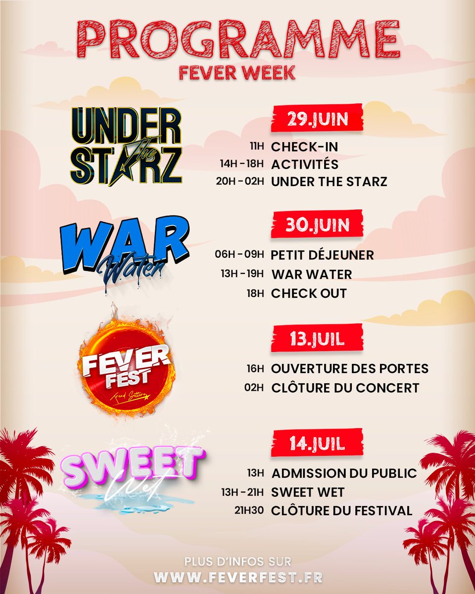 WHAT’S THE PROGRAM ⁉️

2 WEEK-END 🥳
4 DATES 🤪

🎫 Pass disponibles sur notre site (lien en bio) : feverfest.fr 

🏨 Chambres disponibles sur WA : +594(0).694.38.59.97 

🎟️ Pass Culture également disponible (rubrique infos)

L’équipe FEVER FEST 🧯