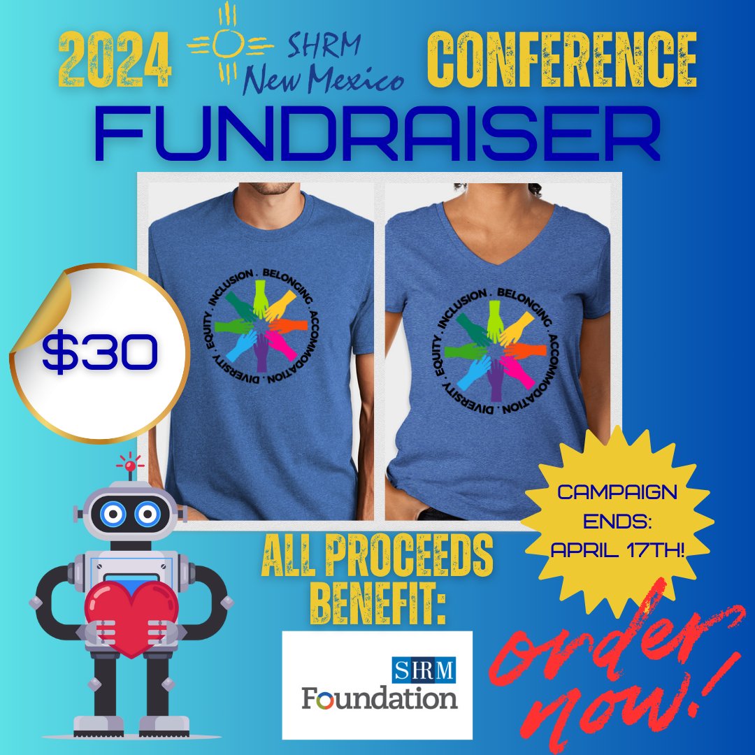 🌟 Calling All Change Makers! 🌟 Grab your 2024 SHRM NM Conference T-Shirts now! Presale until April 17th. $30 each, proceeds support SHRM Foundation. Order here: customink.com/fundraising/sh… #SHRMNM24 #SHRMFoundation