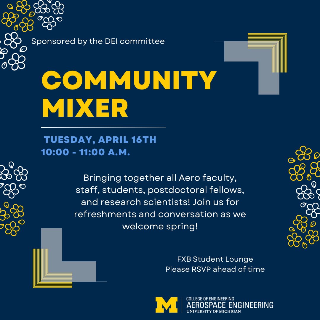 The next Aero Community Mixer will be on Tuesday, April 16th, from 10 - 11 a.m. in the FXB student lounge. Join us and the rest of your Aerospace family and friends for refreshments and conversation as we welcome spring! Please RSVP ahead of time here: forms.gle/r3ocdTVCLuQzez…