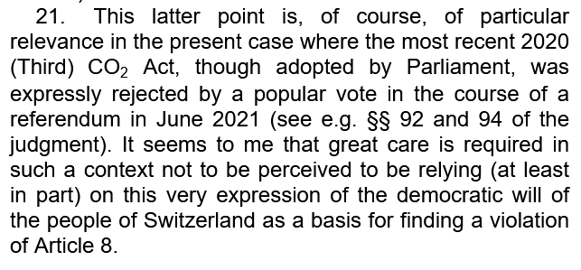 In Judge Eicke's dissenting opinion in the Swiss Climate case he makes the points that the Court is opting to overrule the *express vote of Swiss people in their 2021 referendum*, and indeed using that vote as evidence of a violation of human rights: hudoc.echr.coe.int/eng#_Toc162522…