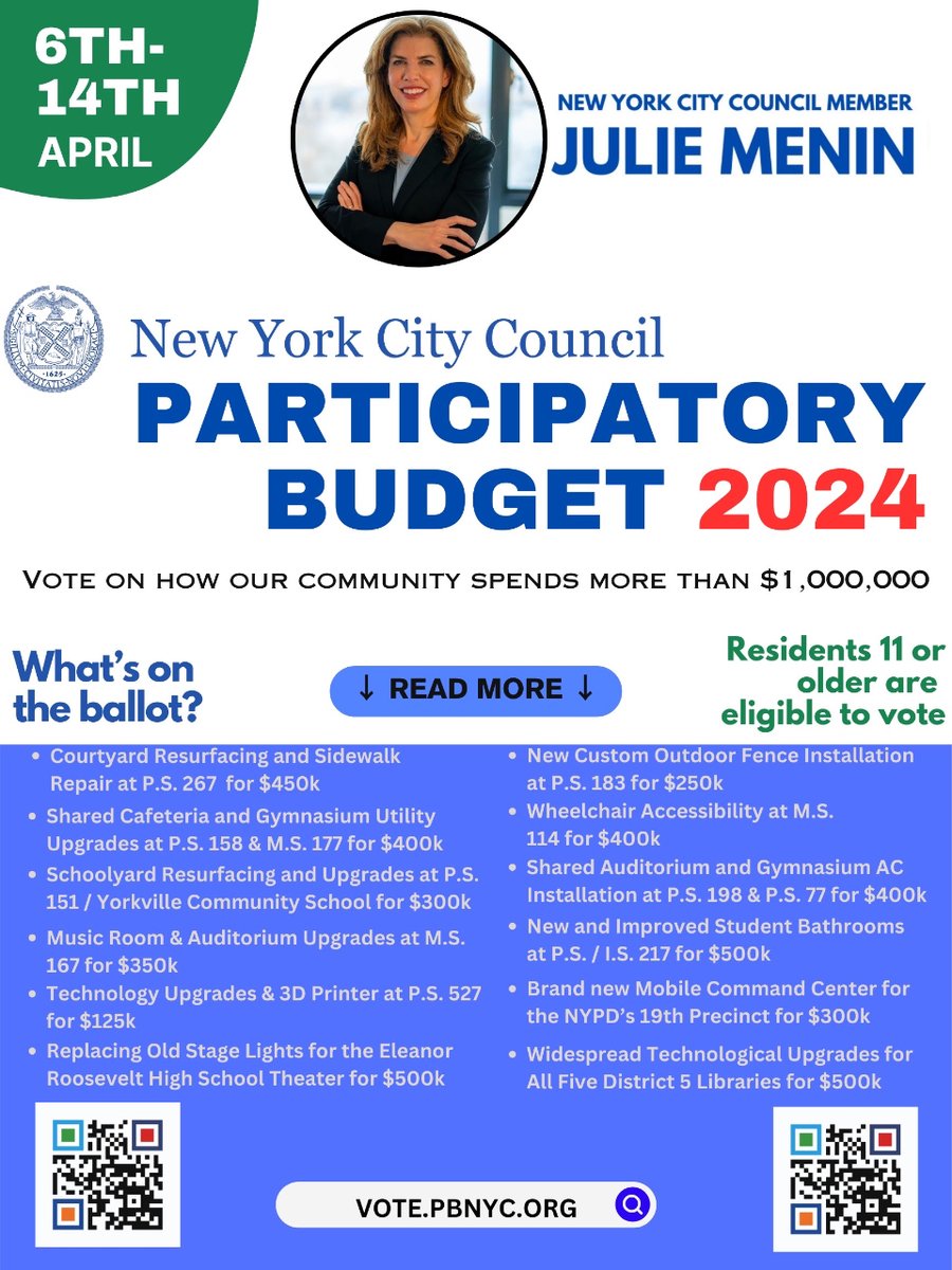 Your City Council Member @JulieMenin wants you to vote on how our community spends more than $1,000,000! Don’t miss your opportunity to be heard. You have through April 14 to vote. Do it now! #vote #democracy #uppereastside #ues