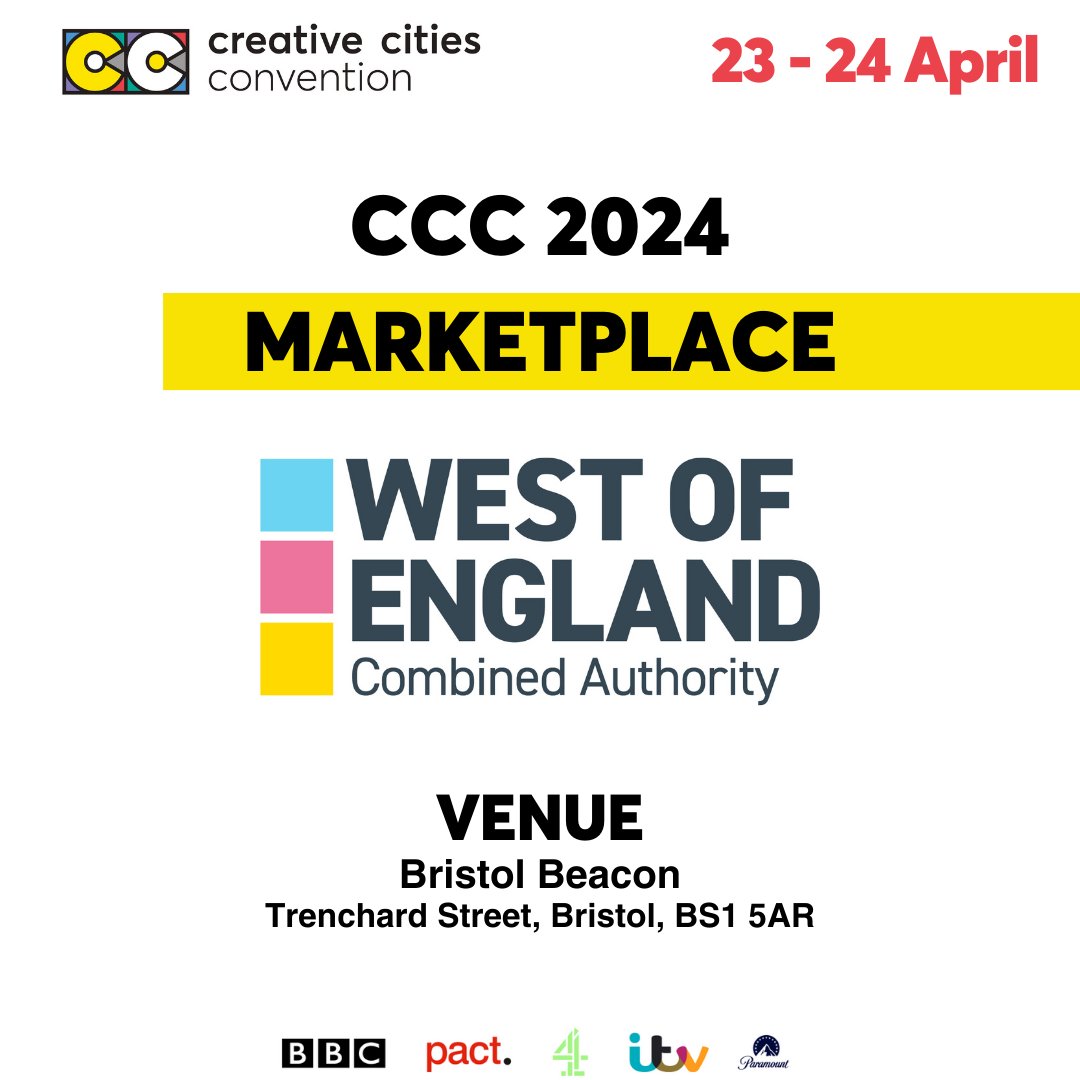 📣 CCC 2024 Marketplace. Several organisations that support our industry are on hand to explain their work and answer your questions during the two days. @WestofEnglandCA (who are also host partners) are with us on the 23 -24 April at @Bristol_Beacon. 🎫creativecitiesconvention.com/sponsors/