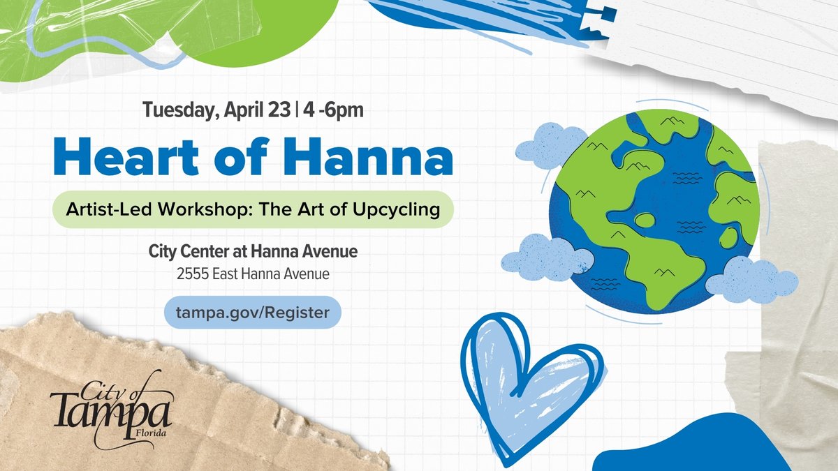 Celebrate #EarthMonth with us at Hanna Avenue & learn the art of upcycling! Local artist Michelle Sawyer will teach participants of this workshops will turn cardboard into art. 📆 April 23 4-6pm 📍 2555 E Hanna Ave 🔗 tampa.gov/register Tip: BYOC (Bring your own cardboard)