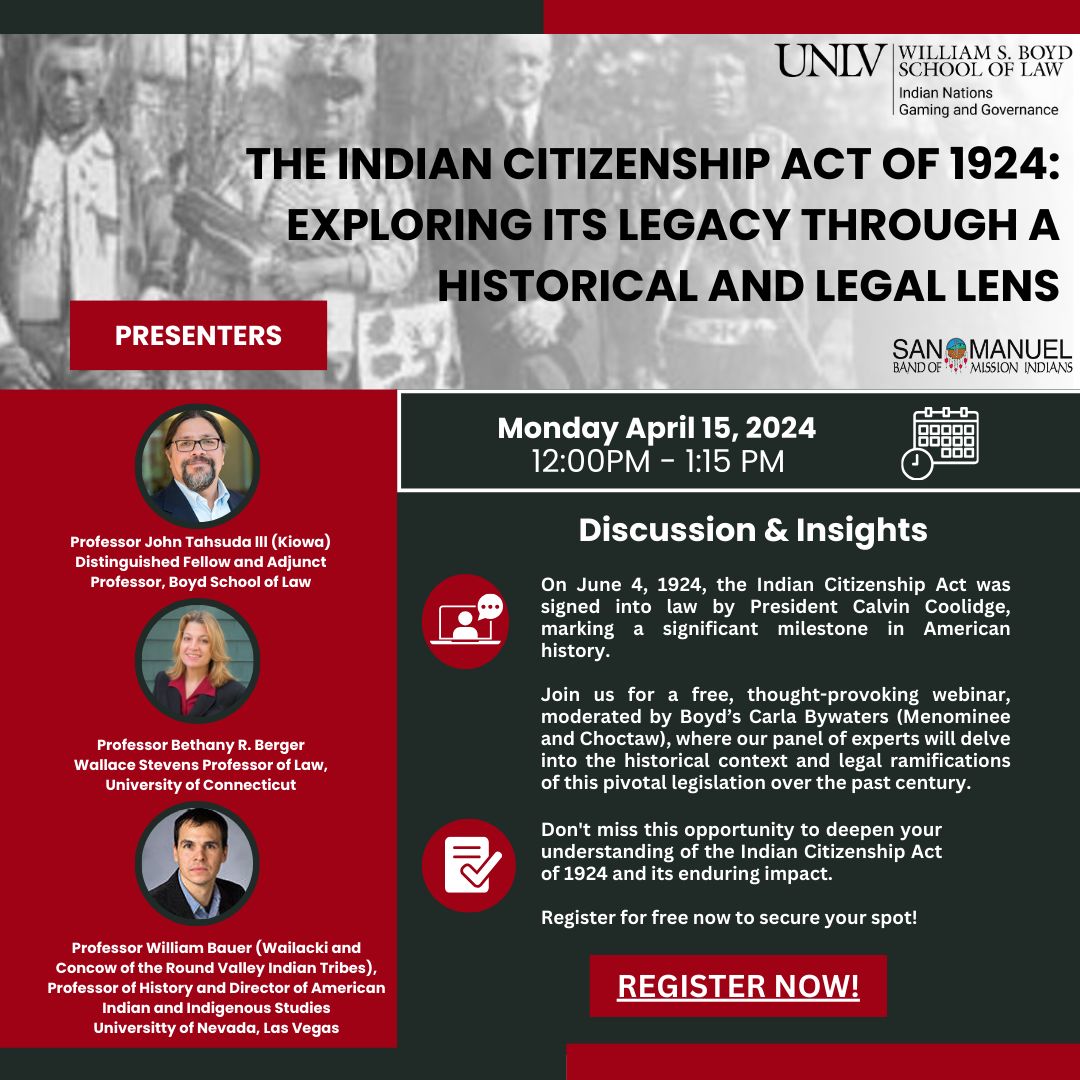 Please join the Indian Nations Gaming & Governance Program for a webinar as they delve into the historical context and legal ramifications of the Indian Citizenship Act over the past century. Date: April 15, 2024 Time: 12:00 - 1:15 PM eventbrite.com/e/the-indian-c…
