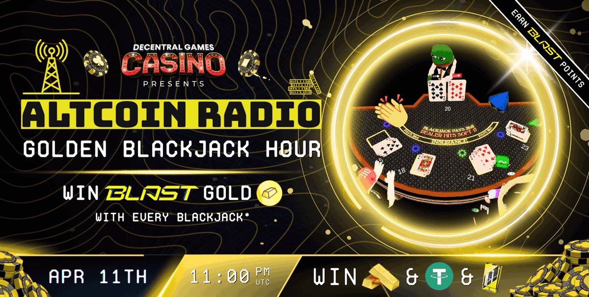 Tomorrow is Altcoin Radio’s Golden Blackjack Hour 🤑 Tune into @RadioAltcoin's stream for a chance to win $20 casino bonus + 5 Blast Gold! 5 random viewers win Play at the tables with him and earn 1 Blast Gold for every blackjack you get