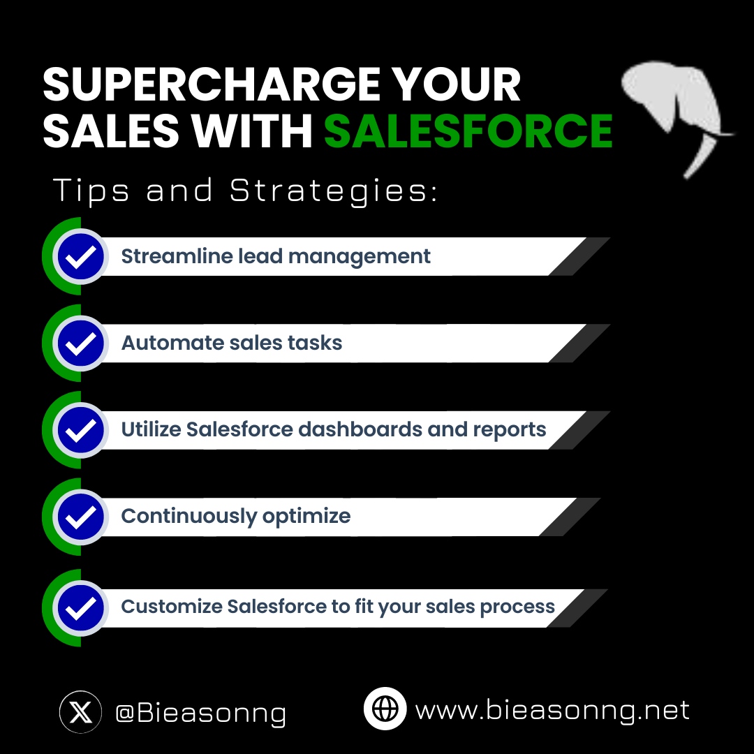 Check out these tips and strategies to supercharge your sales with Salesforce! 

Reach out to us for more help with Salesforce. Message us here or on our website at bieasonng.net 

#salesforce #managedServices #MoreValue #Community #Bieasonng #salesforceconsulting