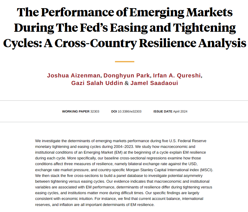 Investigating the determinants of emerging markets performance during five US Federal Reserve monetary tightening and easing cycles during 2004–2023, from Joshua Aizenman, Donghyun Park, Irfan A. Qureshi, Gazi Salah Uddin, and Jamel Saadaoui nber.org/papers/w32303