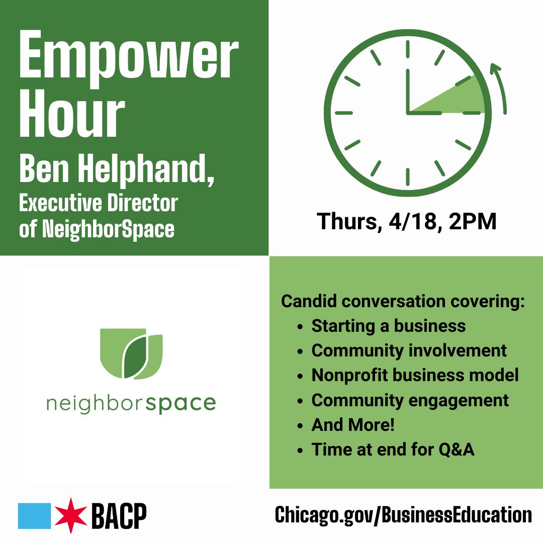 Excited to announce this month's #BACPEmpowerHour: NeighborSpace👨‍🌾 The organization stewards 137 community gardens and farms across Chicago. As Earth Day approaches, NeighborSpace is leading the efforts in community-based environmental change. Register: Chicago.gov/BACPWebinars