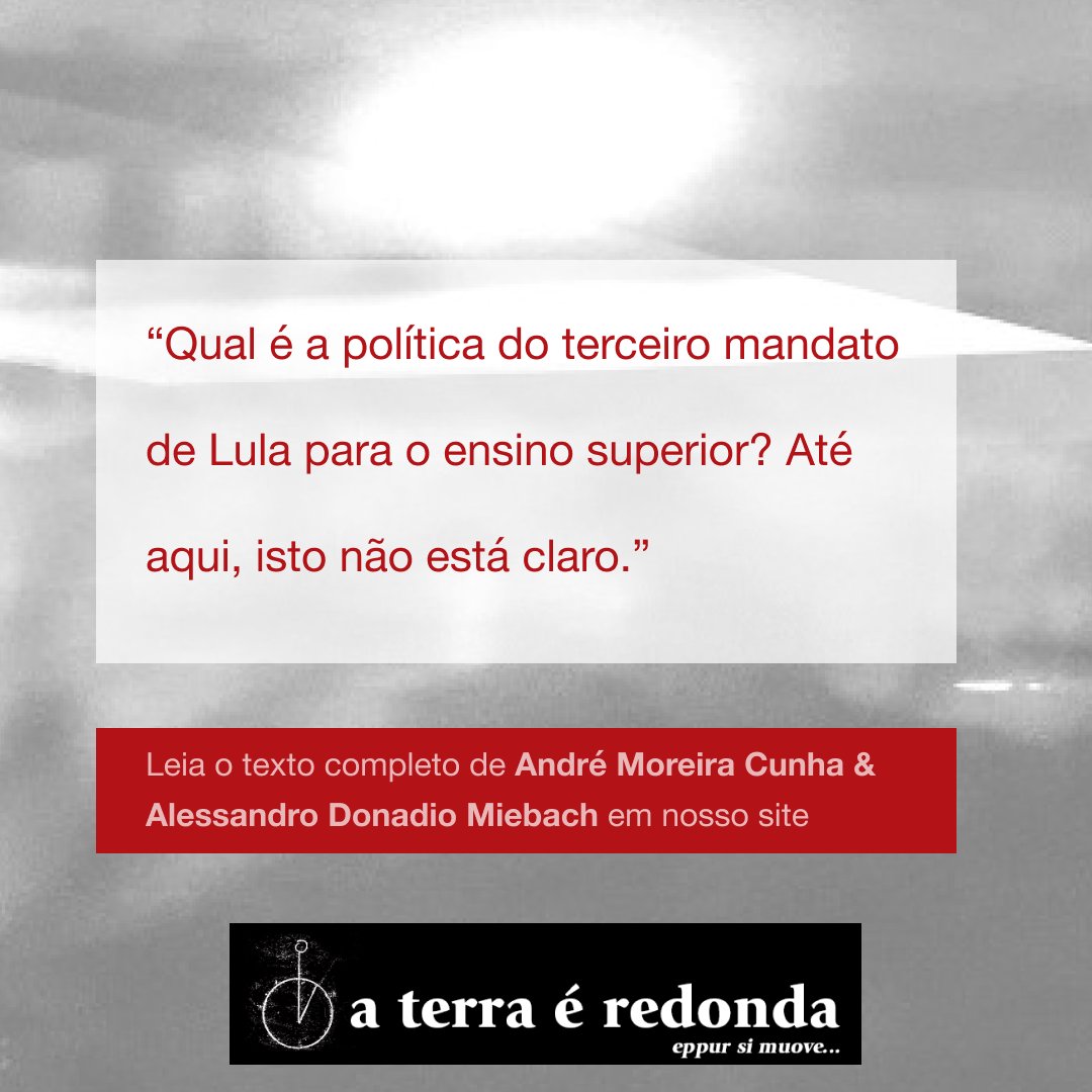 Lula e o ensino superior
Por André Moreira Cunha & Alessandro Donadio Miebach

Qual é a política do terceiro mandato de Lula para o ensino superior? Até aqui, isto não está claro.

aterraeredonda.com.br/lula-e-o-ensin…

#aterraéredonda #AndréMoreiraCunha #AlessandroDonadioMiebach