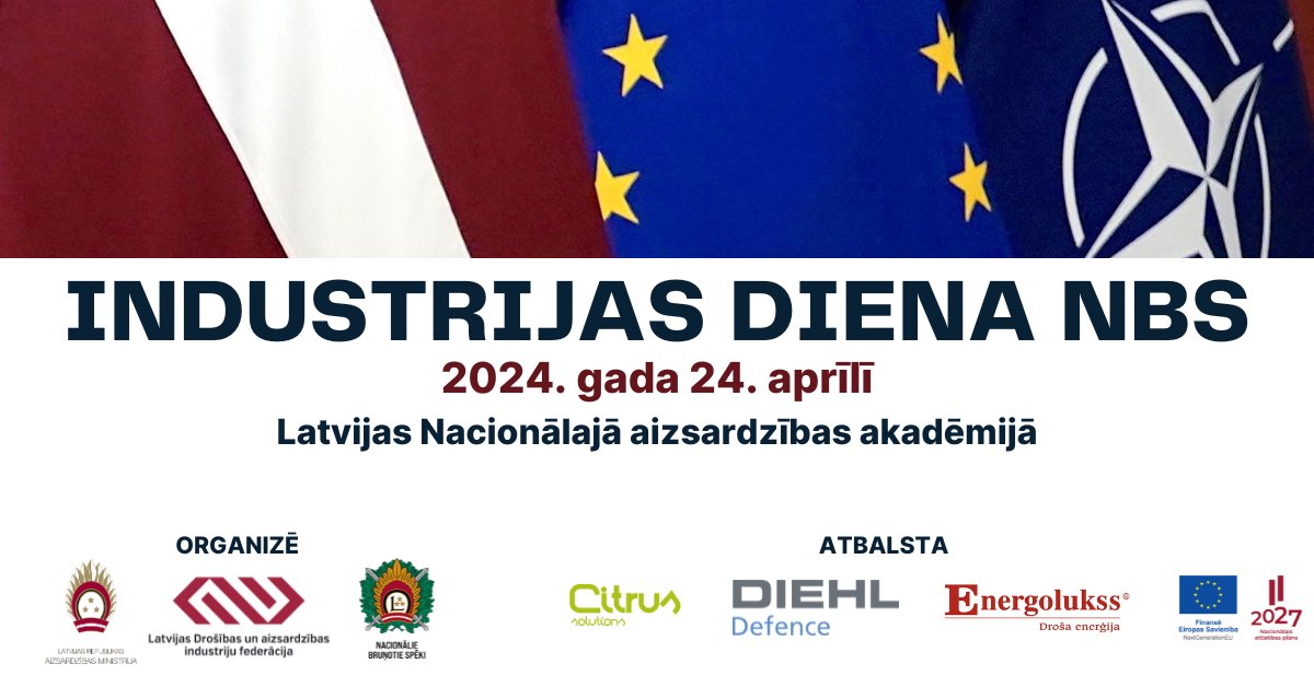 <a href="/DAIF_Latvija/">DAIF Latvija</a> aicina līdz 16/04 reģistrēties ''Industrijas dienai NBS 2024'', kuru kopš  2014.gada organizē <a href="/AizsardzibasMin/">Aizsardzības ministrija</a>, <a href="/Latvijas_armija/">NBS</a>  un <a href="/DAIF_Latvija/">DAIF Latvija</a>. Šajā gadā tiekamies 24/04 Latvijas Nacionālā aizsardzības akadēmijā. Vairāk: federacija.lv/lv/pasakumi/re…