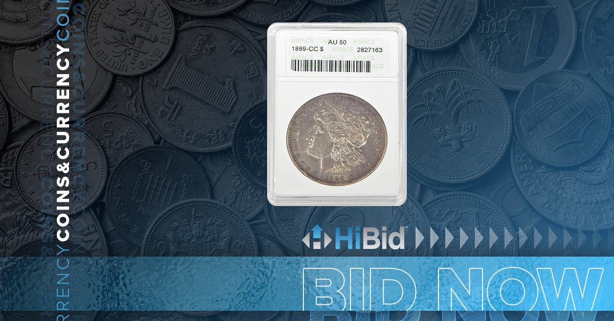 1889-CC Morgan Dollar, graded ANACS AU50, housed in an old holder - From: Capitol Coin Auctions LLC. 💰 Online Auction Only - Ends: 4/13/24 Auction info: tinyurl.com/28te38b8 👈 #HiBid #HiBidAuctions #Numismatics #CoinCollecting #RareFinds #1889MorganDollar #Bid