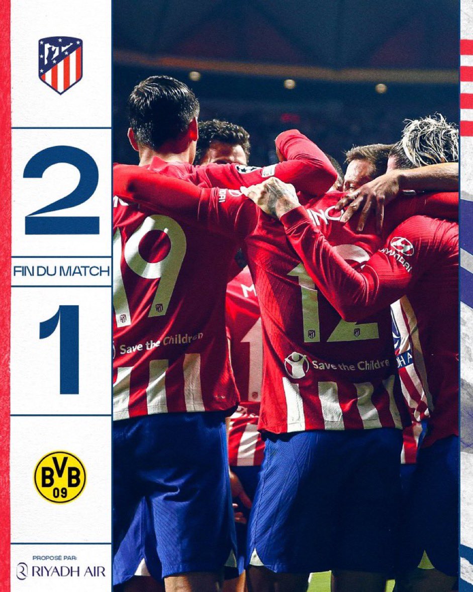 Victoire 2-1 des Colchoneros avec une passe décisive de Griezmann 
#liguedeschampions #atleticodemadrid #dortmund