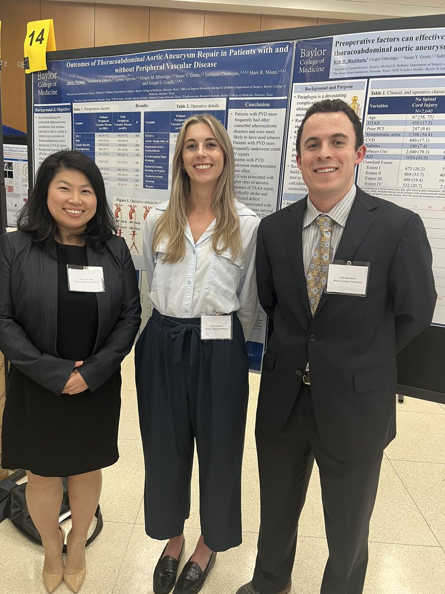 @BCM_CVRI and @BCM_Surgery - Congratulations to @annaxuemd @alexiscnichols and @KyleWBlackburn for representing the Dept of Surgery with their outstanding posters!! #aortaEd #CVRISymposium
