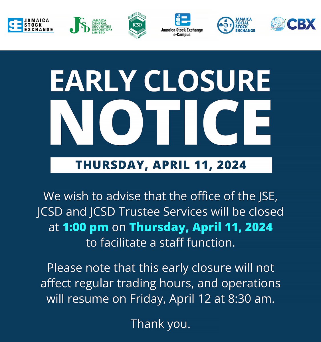We wish to advise that the office of the JSE, JCSD and JCSD Trustee Services will be closed at 1:00 pm on Thursday, April 11, 2024, to facilitate a staff function. #JSENews