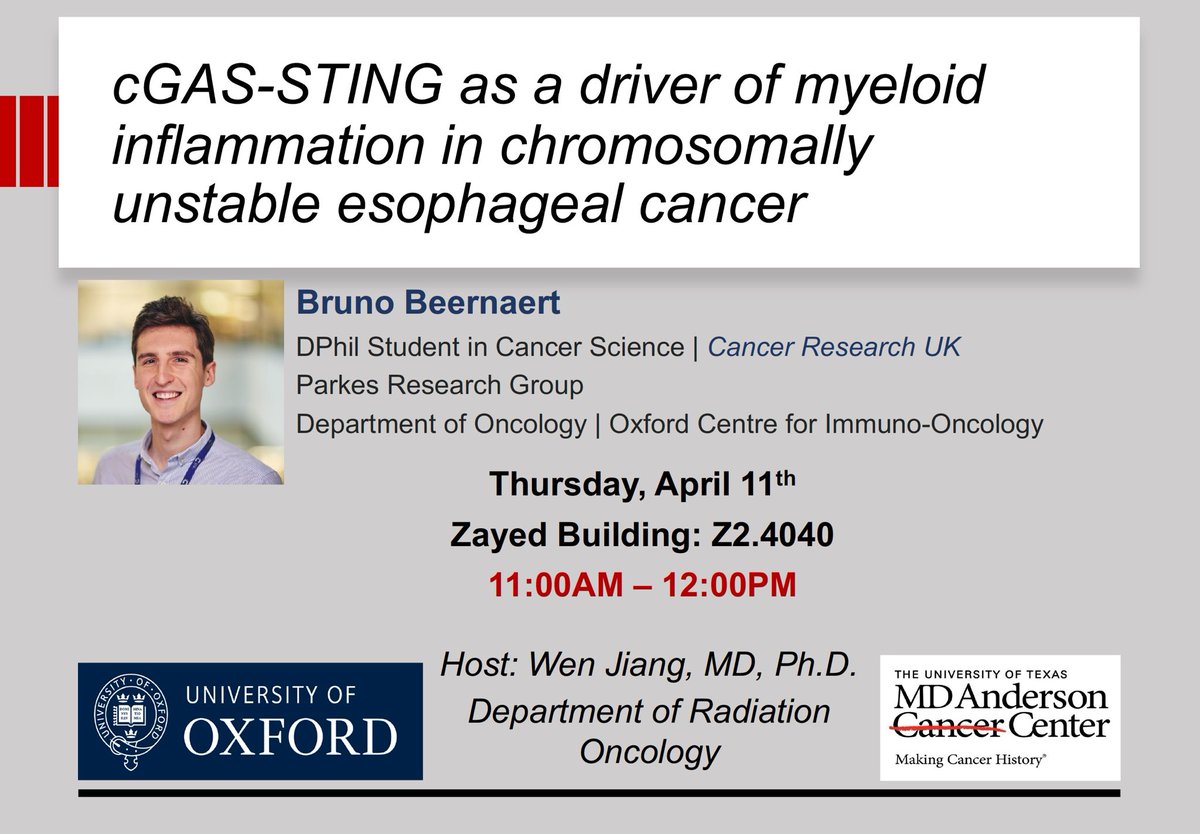 Looking forward to hearing about the latest #CuttingEdge research from ⁦@BrunoBeernaert⁩ from the lab of ⁦@eileen_parkes⁩ ⁦@OxfordCancer⁩. Join us in-person ⁦@MDAndersonNews⁩ #Zayed #EndCancer #CGasSting