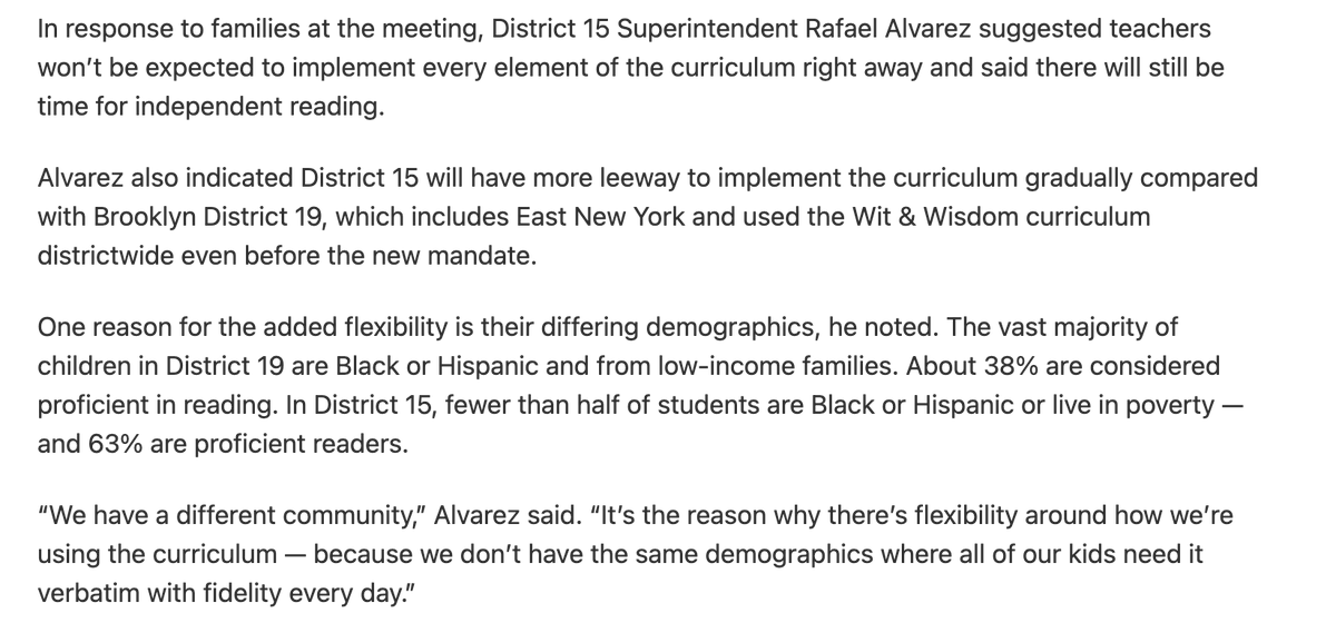 Notable comments from a local supe suggesting his (whiter, more affluent) district has more flexibility on NYC's reading curriculum mandate than another Brooklyn district with more low-income kids of color chalkbeat.org/newyork/2024/0…