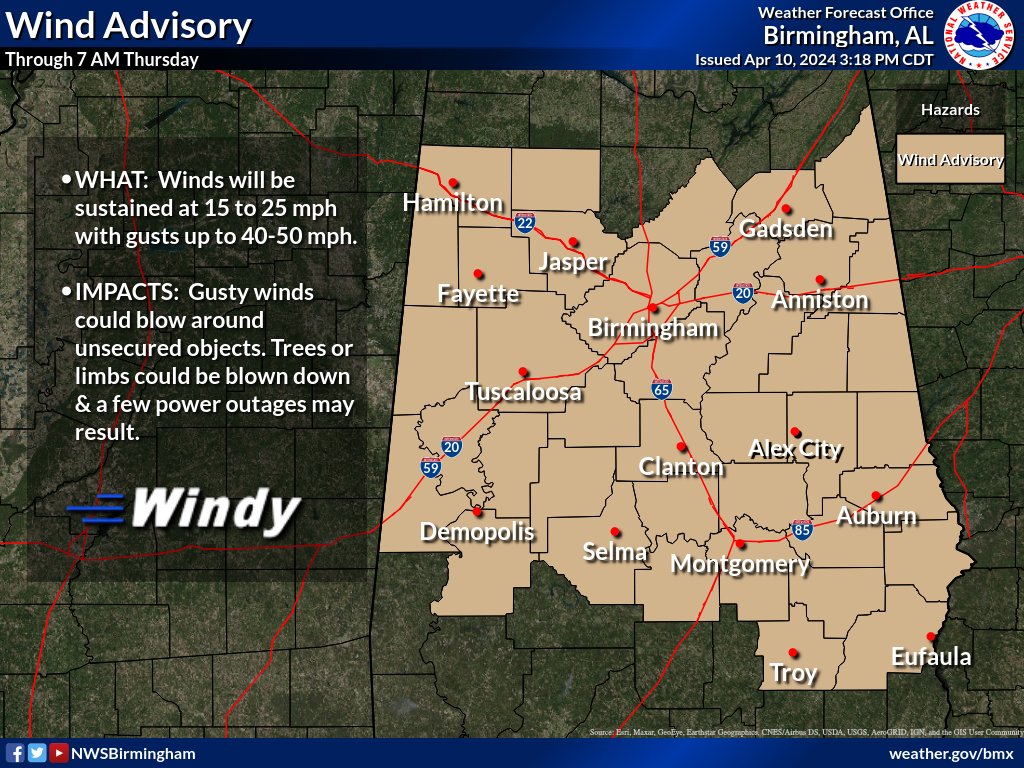 4.10.24 The National Weather Service has issued a Wind Advisory for Etowah County until 7:00 am Thursday. Sustained winds of 15-25 mph and gusts of 40-50 mph possible.