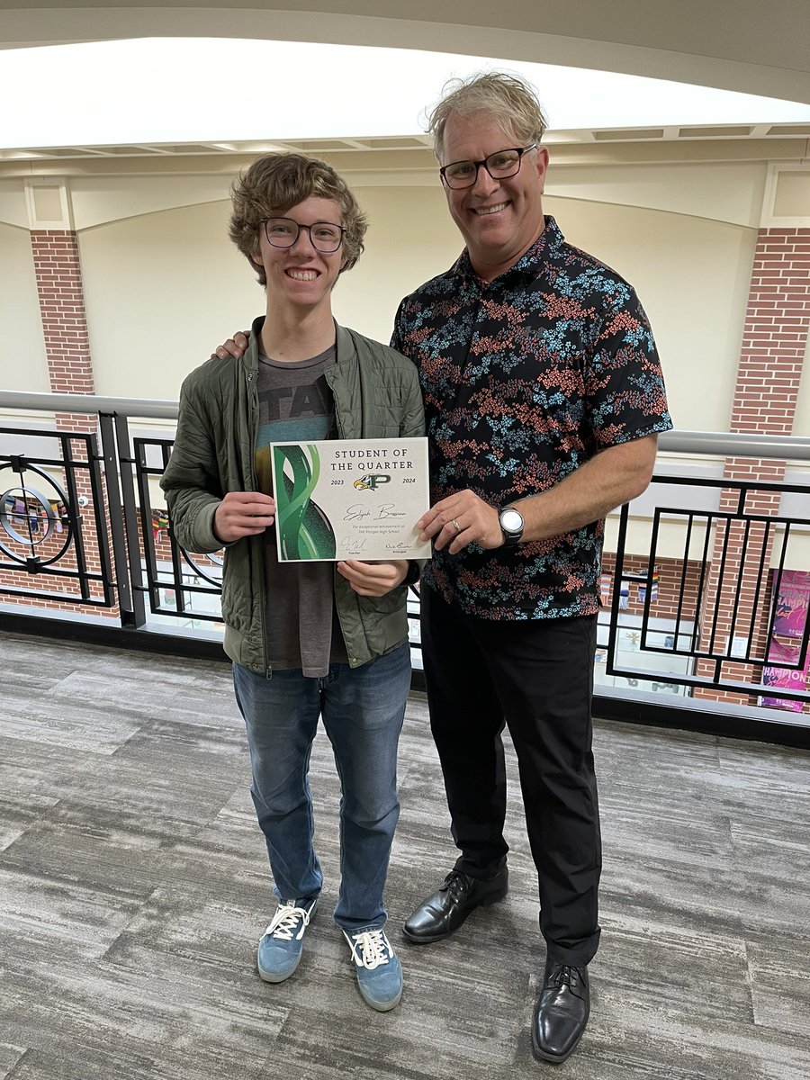 I’m proud to announce My Student of the Quarter is Elijah Brosseau. He is an extremely intelligent and hardworking student, and has a creative mind that amazes me every time we do a project. This kid has a bright, bright future! @ProsperHS