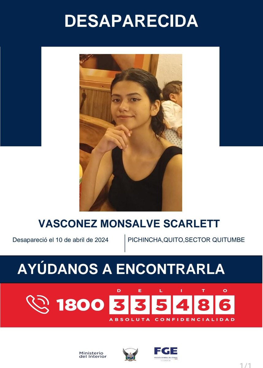 🚨🚨AYÚDANOS A ENCONTRARLAS🚨🚨

LÓPEZ HIDROBO CAMILA ALEJANDRA Y VÁSCONEZ MONSALVE SCARLETT, adolescentes reportadas como desaparecidas el 10 de abril de 2024, en el sector de Quitumbe  #UIO.

#Importante: 📞 Si tienes información comunicate al 1800 DELITO (335486).…