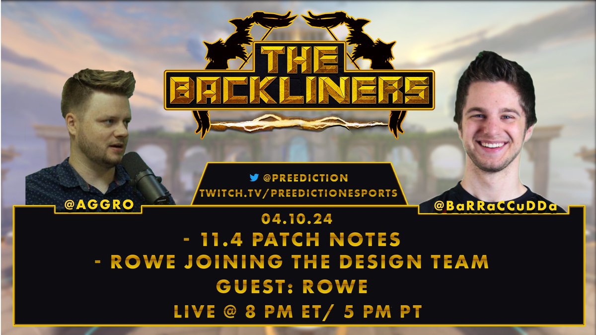 Podcast is ON for tonight! We are joined by the newest member of the Smite design team, @RoweOCE! We'll talk about his journey to design and the 11.4 Patch Notes, see ya at 8pm. Twitch.tv/preedictionesp…