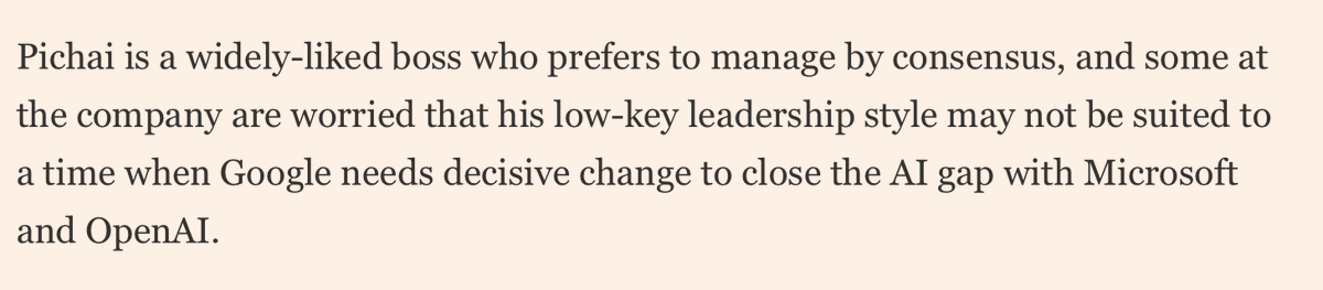 A “widely-liked boss who prefers to manage by consensus” is not exactly how we think of Sundar Pichai. Did he achieve consensus with the 12k workers he laid off from Google in the last year? ft.com/content/4dfc11…