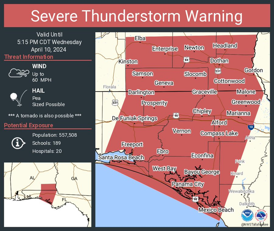 #SevereThunderstormWarning with #Tornado possible for #PanamaCityFL,#PanamaCityBeach,#MexicoBeach,#LynnHaven,#MiramarBeach,#DeFuniakSprings,#SantaRosaBeach, #Dothan,#EnterpriseAL
#Wxtwitter #SPC #SevereWX #Hail #Wind #FLwx #Wxx #ALwx #SevereThunderstorm #Florida #Alabama