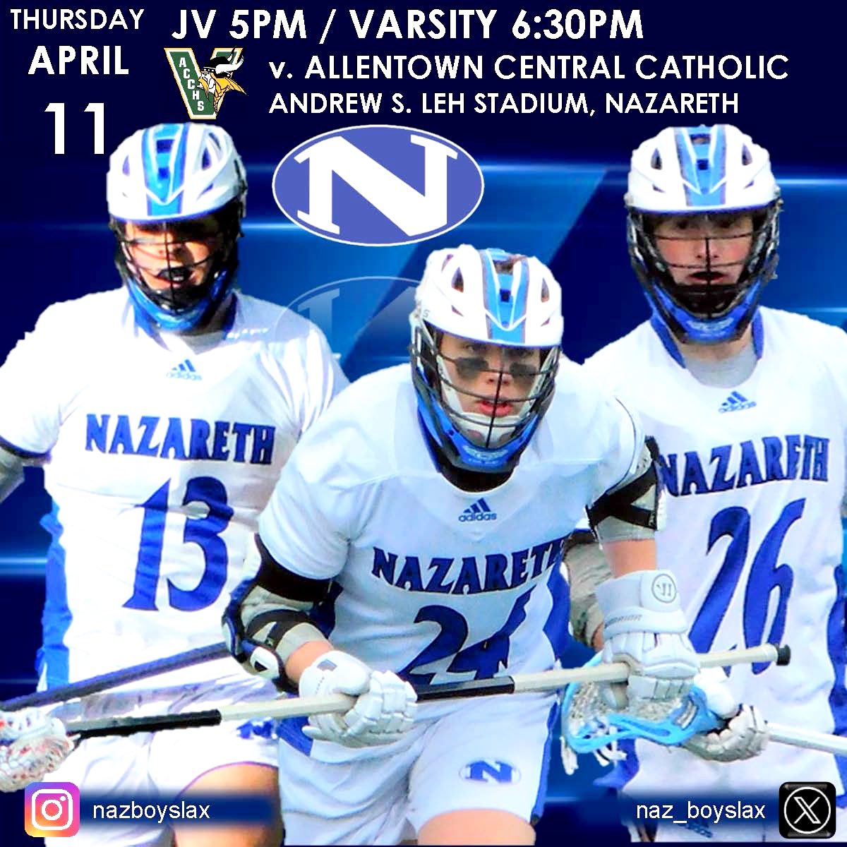 Thursday, April 11, is a scheduled home match-up for JV and Varsity <a href="/naz_boyslax/">Nazareth Boys Lacrosse</a> as they host the Allentown Central Catholic Vikings. #GoBlueEagles <a href="/NAHSBlueEagles/">Nazareth Athletics</a> 

#rainraingoaway 🤞🏻