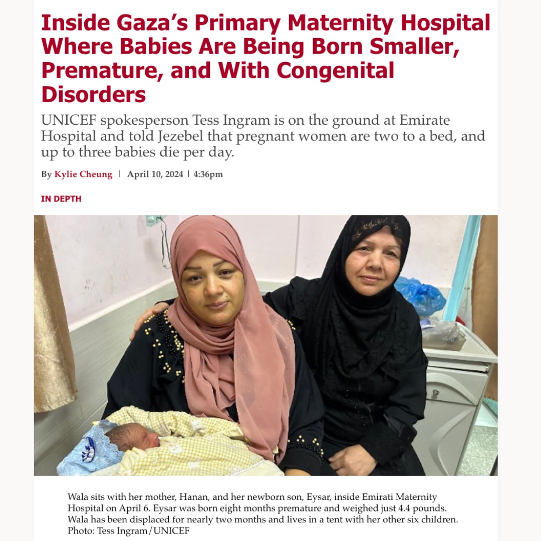 A devastating look at the maternal/child health crisis being perpetrated by Isra*l by @kylietcheung — 'Pregnant women are paired 2 to a bed & released within 3 hours of giving birth, often to overcrowded shelters where disease & infection are rampant' jezebel.com/inside-gazas-p…