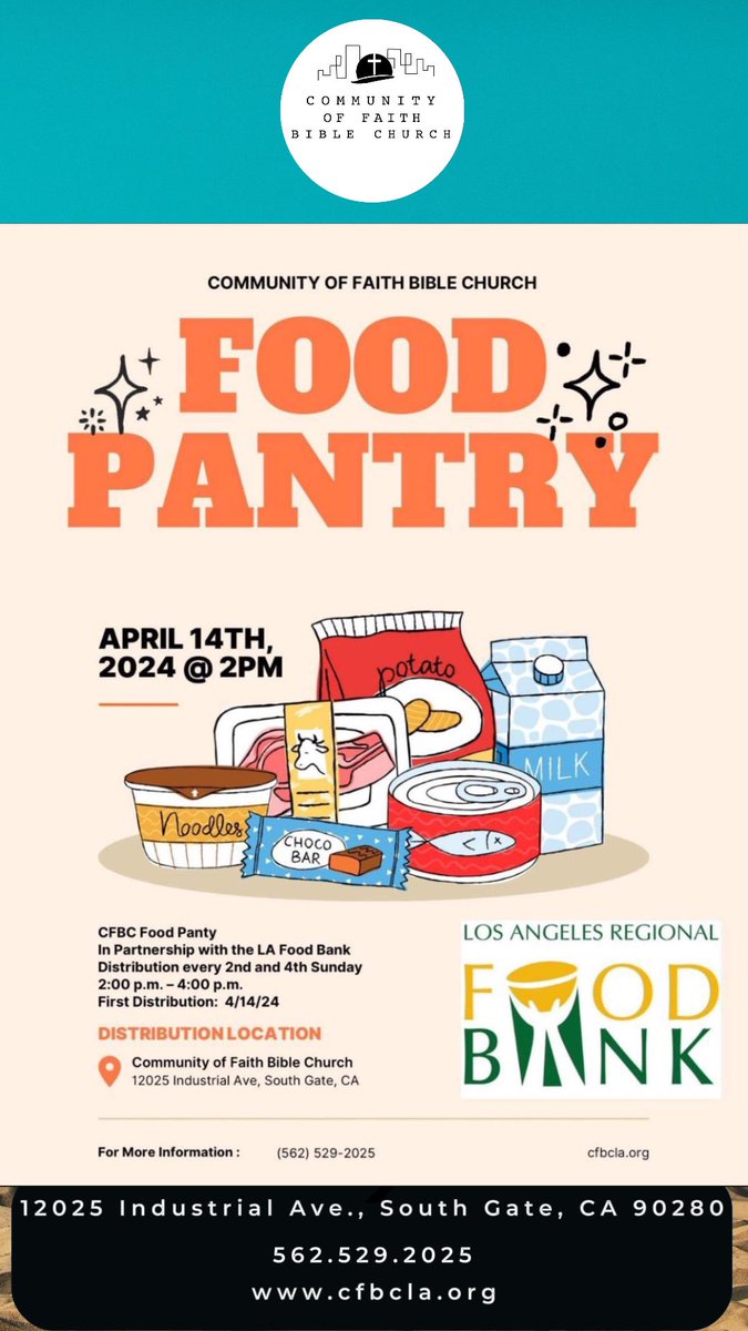 CFBC_LA's tweet photo. Did you know we have a food pantry?
In partnership with @LaFoodBank, this coming Sunday, April 14th at 2pm is our first Food Distribution. So if you know someone in need, spread the word! See flyer for details!
#Hollydale @cityofsouthgateca https://t.co/1oO8S4K7vy