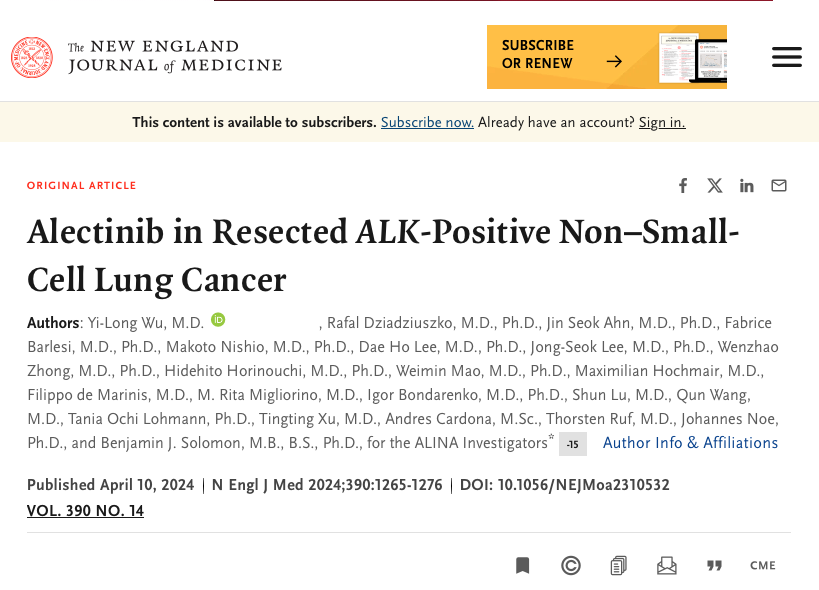 JUST OUT on @NEJM
Among patients with resected🧬ALK-positive #NSCLC 🫁of stage IB, II, or IIIA, adjuvant alectinib 💊

✅Significantly improved disease-free survival 🆚 platinum-based chemotherapy

nejm.org/doi/full/10.10…

@ChristianRolfo @GlopesMd @NarjustFlorezMD @StephenVLiu…
