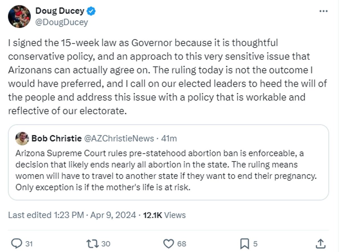 This is bullshit.  

If the Arizona Supreme Court had no basis to find that Dobbs somehow resurrected a 160 year old law, then it's on you for appointing bad judges.  

If there is a basis, it's on you for passing the law with the 'no repeal' language they relied on.