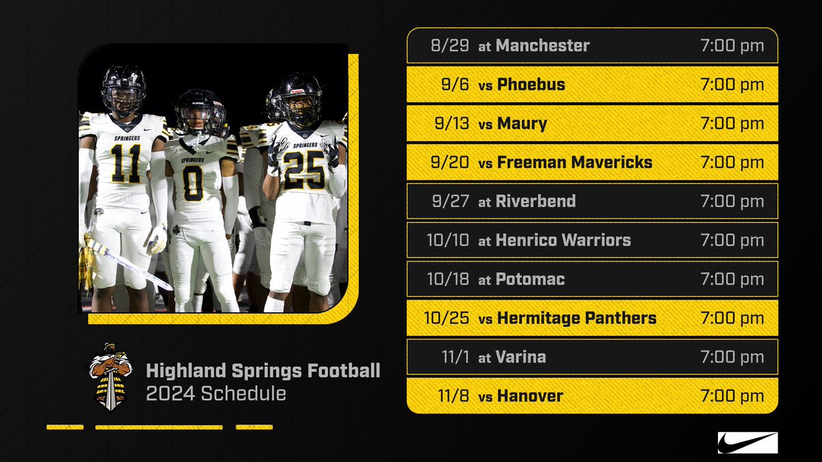 Highland Springs Football: The 2024 Season will start with a rematch of Region 6A Title game, as the Springers will visit Manchester (Aug. 29th). The first two home games will have the Springers take on 757 powerhouses and Defending State Champions Phoebus (Sept. 6th) and Maury…