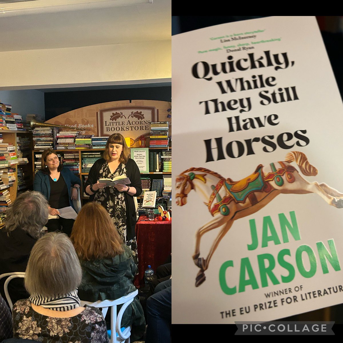 📖 Lovely evening in @LittleAcornsBks for launch of @JanCarson7280 ‘sbook of short stories Quickly, While They Still Have Horses.🖊️ 
🐎 

Reading & Q&A discussion facilitated by @absolutelywrite 📕 

#shoplocal #supportlocal #indiebookstore #indiebookshop #books #bookshop