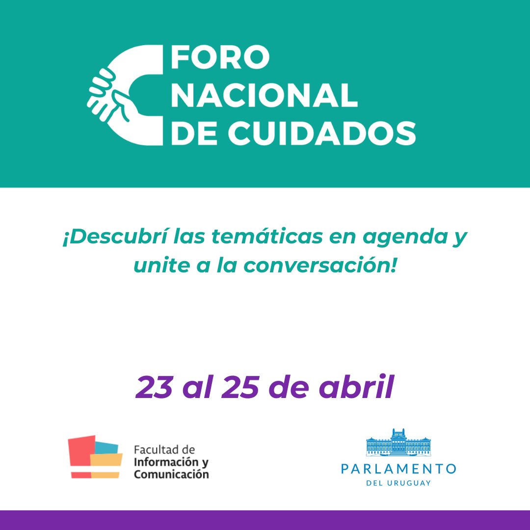 ¡Seguimos avanzando hacia el Foro Nacional de Cuidados!

🗓️23 y 24 de abril📍@fic_udelar
🗓️25 de abril 📍Antesala del @senadouy