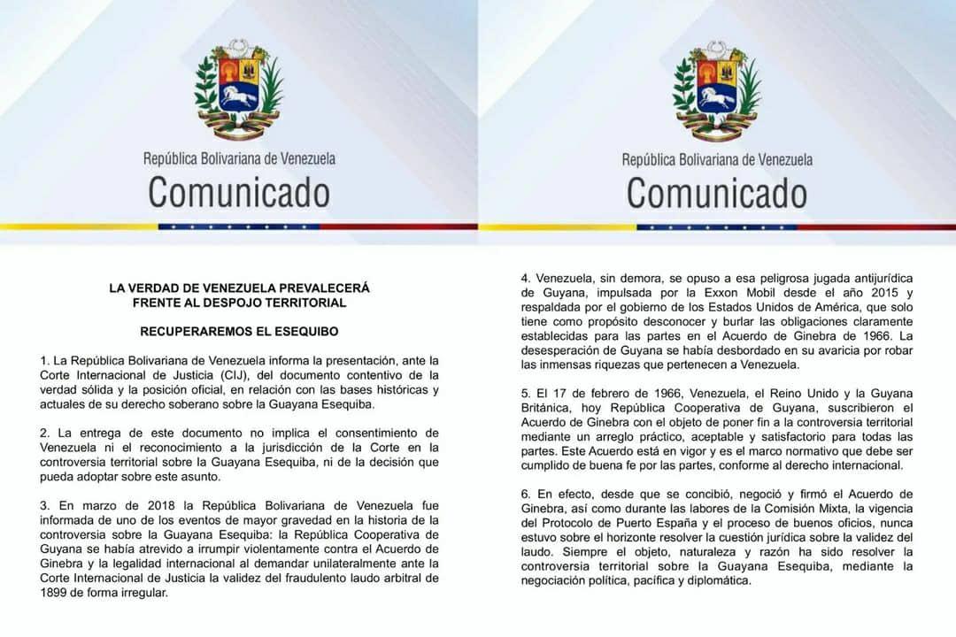 #Repost @opermarcano
...
#Comunicado📢 Venezuela informa la presentación, ante la Corte Internacional de Justicia (CIJ), del documento contentivo de la verdad sólida y la posición oficial, en relación con las bases históricas y actuales de su derecho soberano sobre la Guayan