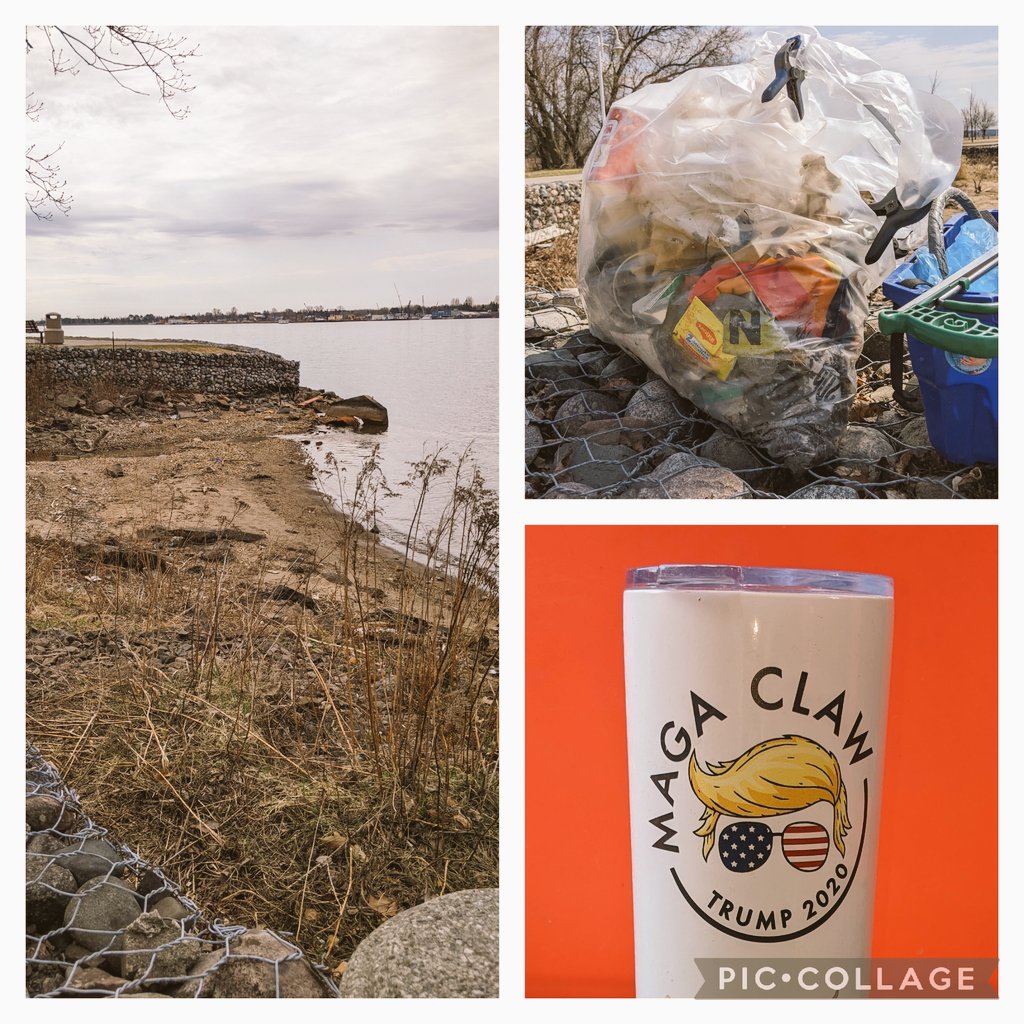 Mini shoreline clean-up today! A mere 200 feet of shoreline generated a lot of #litter. 

That's the U.S.A across the St. Mary's River in photo on the left. Unusual find was a muddy Trump 2020 reusable mug with foul-smelling, gelatinous gloop inside. Fell off a fishing boat?...