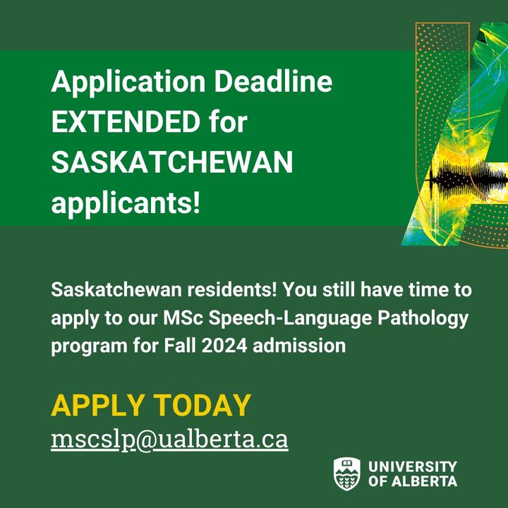 UAlberta Rehab Med (@uofarehabmed) on Twitter photo Admission Deadline EXTENDED for SASKATCHEWAN residents!
Interested in speech-language pathology?
Students interested in the MScSLP program can still apply for Fall 2024
Email directly if interested: mscslp@ualberta.ca Admission Deadline EXTENDED for SASKATCHEWAN residents!
Interested in speech-language pathology?
Students interested in the MScSLP program can still apply for Fall 2024
Email directly if interested: mscslp@ualberta.ca