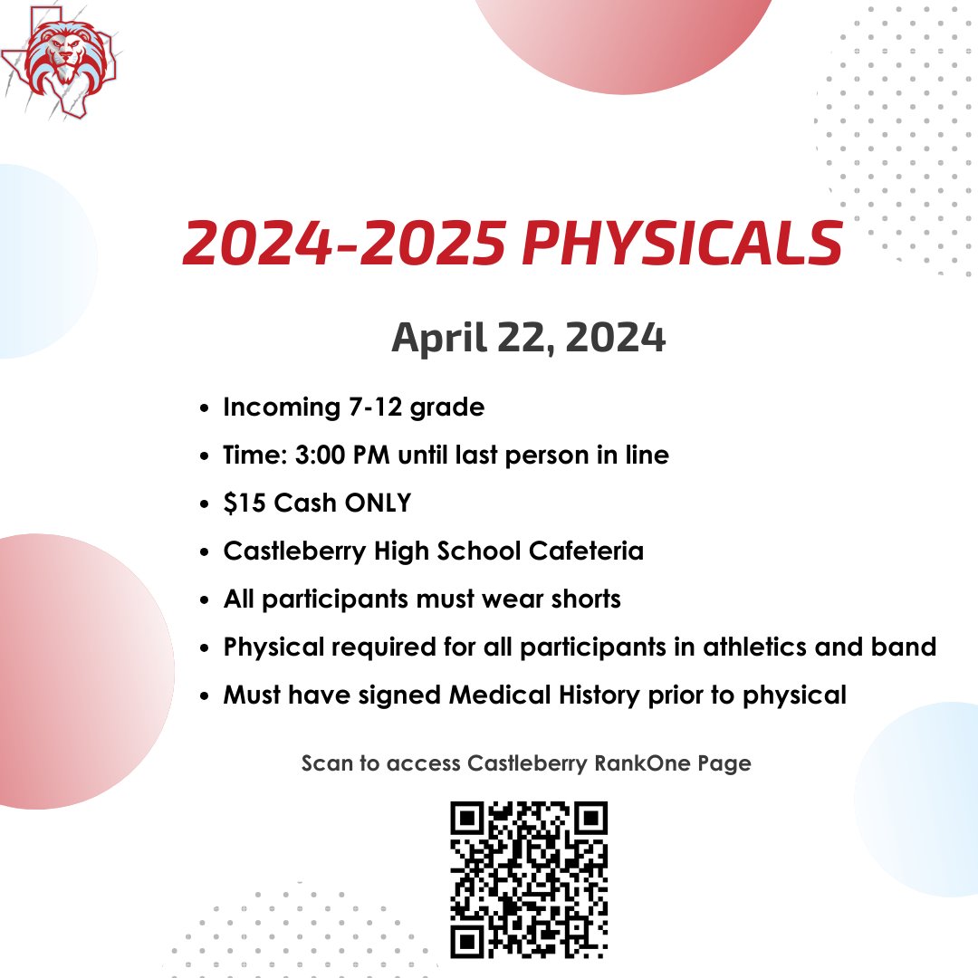 2024-2025 Physicals are here! Physicals for all incoming 7-12 graders will be held April 22, 2024 starting at 3:00 PM in the CHS Cafeteria. All participants must wear shorts. The cost is $15 cash ONLY. See you there!