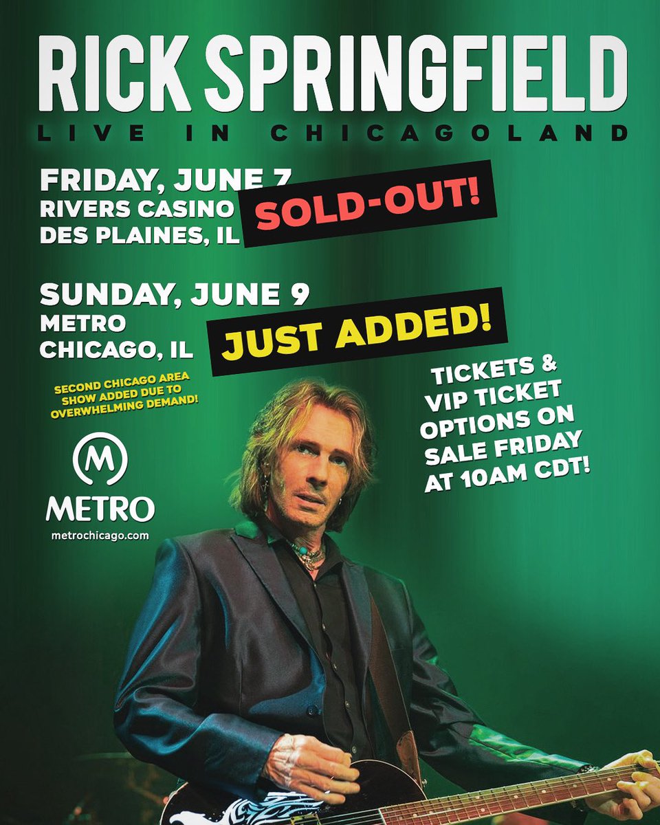 Big news! The full band show on June 7 in Des Plaines, IL is SOLD-OUT, so a second Chicago-area full band show has been added at the legendary @MetroChicago on June 9! Tickets go on sale Friday, April 12 at 10 am CDT. Ticket info here: metrochicago.com/event/rick-spr…