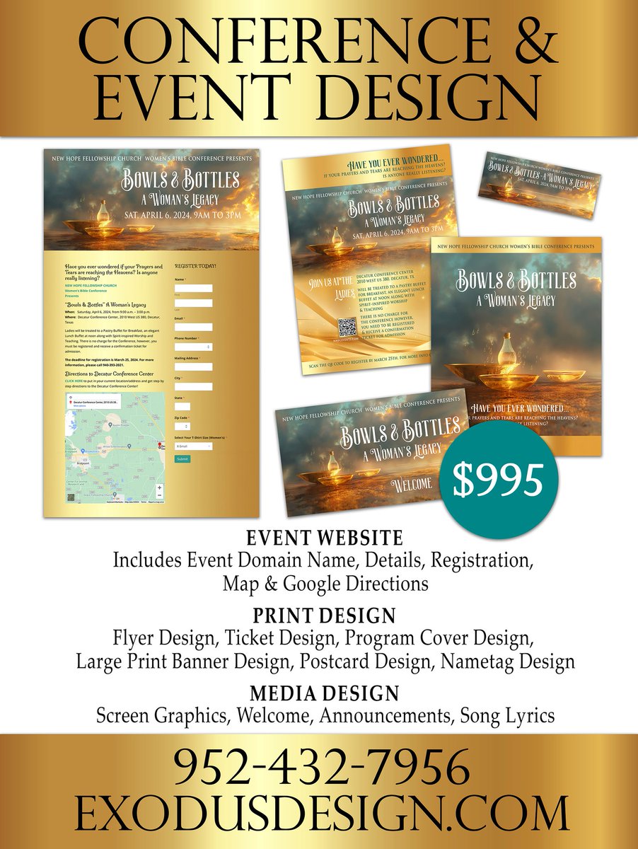 exdesigns's tweet photo. Christian Conference Design Package Special includes everything you will need to advertise your upcoming conference. #ChurchConferenceEvent #ChurchConferenceDesign #CustomChurchBanner #CustomChurchEventWebsite #EventFlyerDesign #EventTicketDesign Call us today at 952-432-7956! https://t.co/o3BvjaaTgk
