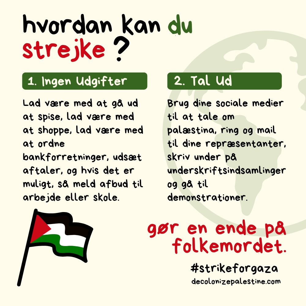 DEN GLOBAL STREJKE, 15. APRIL

Bisan har opfordret til en global strejke den 15., sæt kryds i din kalender og spred budskabet.

#StrikeForGaza